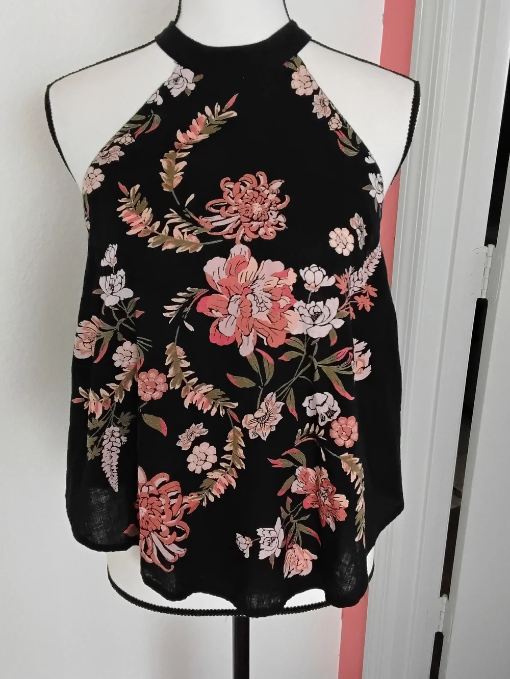 Free People Black Halter Floral Camisole in Pink and White
